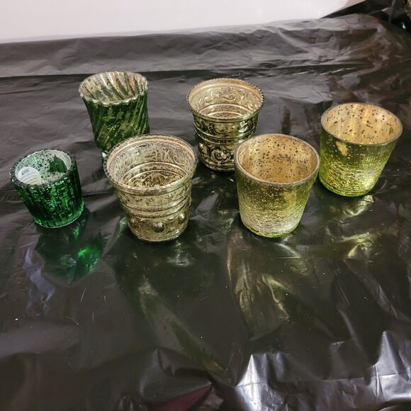 6 green different size and shape wome cracked look with silver/gold inlay votive - Picture 2 of 6